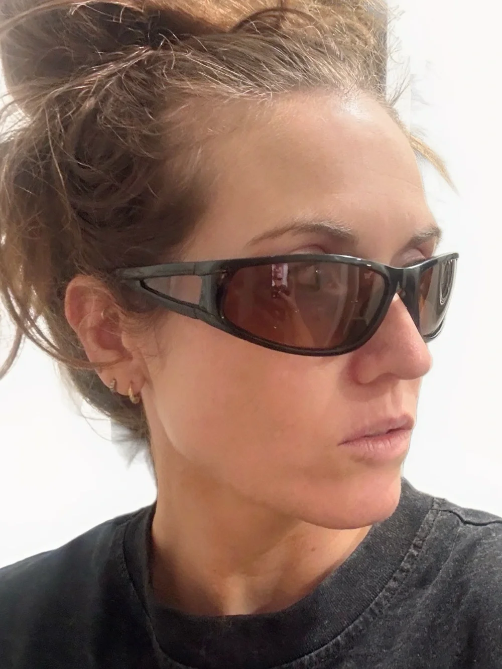 Retro 90s polarized wraparound Black Frame Sunglasses with sheer Brown Lenses